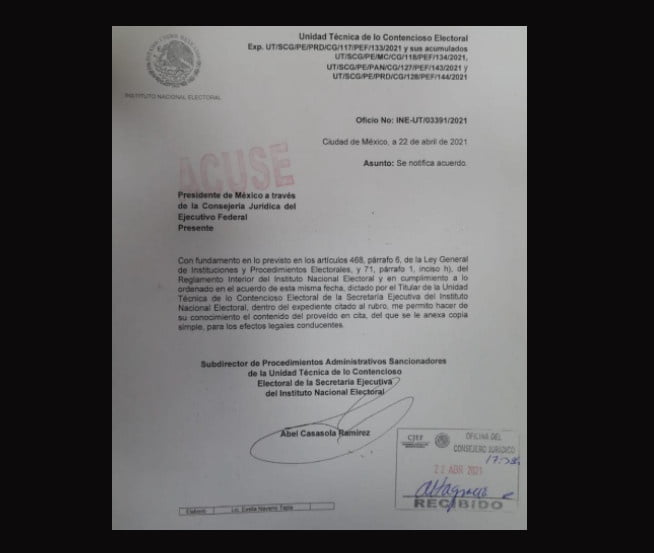 Presenta INE acuse de recibo de Presidencia sobre apercibimiento al presidente