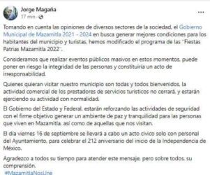 Confirma Mazamitla que no habrá Grito de Independencia