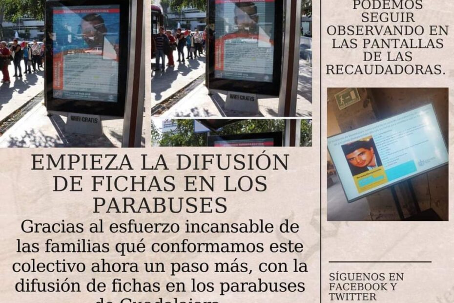 Fotografías de personas desaparecidas en parabuses de Guadalajara