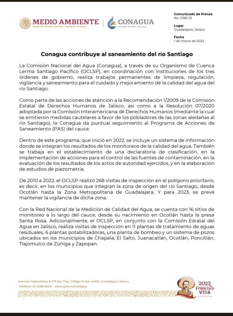 Conagua asegura contribuir en el saneamiento del río Santiago